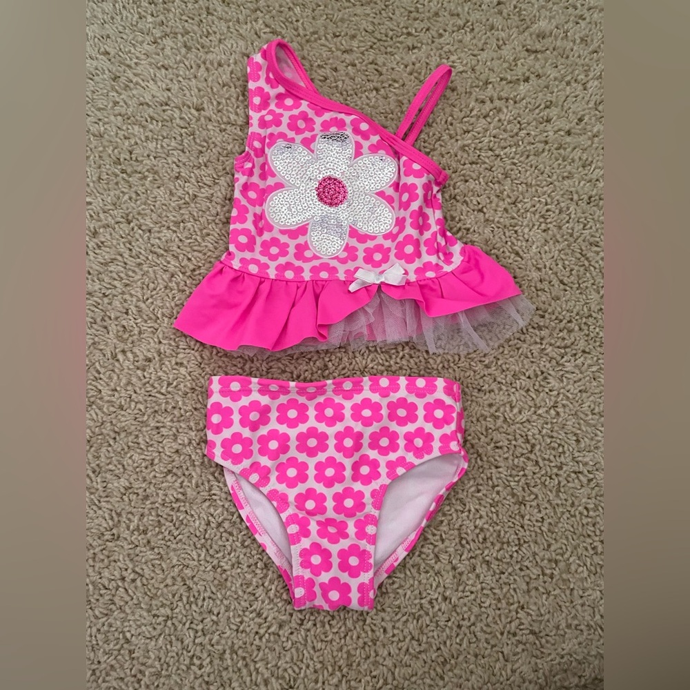 Baby girls pink sequined 2 piece swim suit- 18m